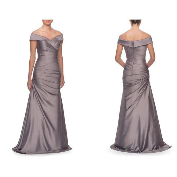 LA FEMME Off the Shoulder Ruched Satin Trumpet Gown Size 16 Color-Platinum
